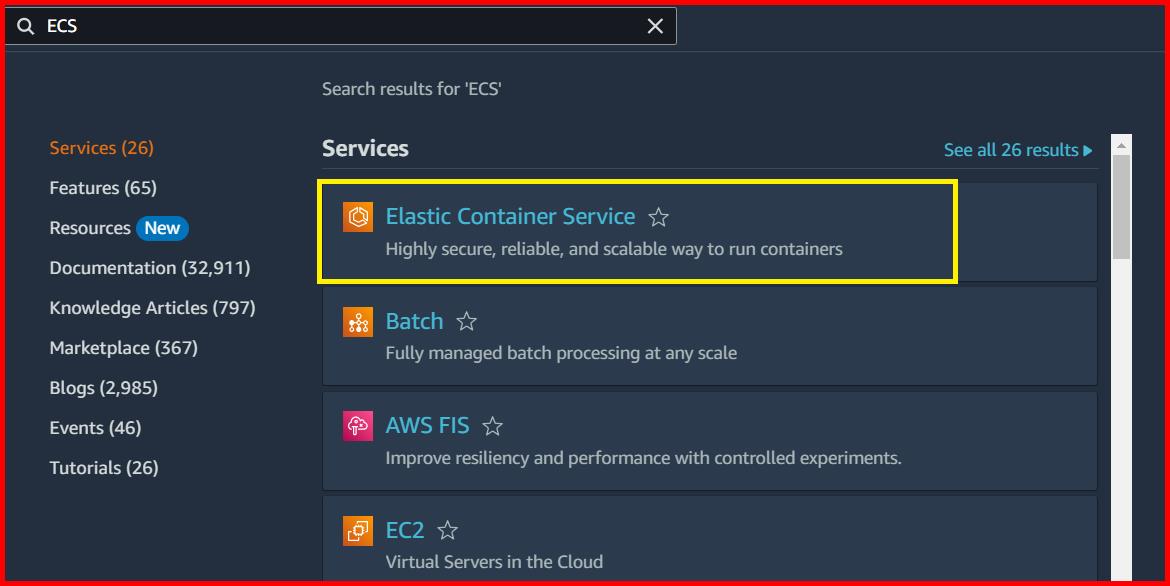 Picture showing the elastic container service in the search result